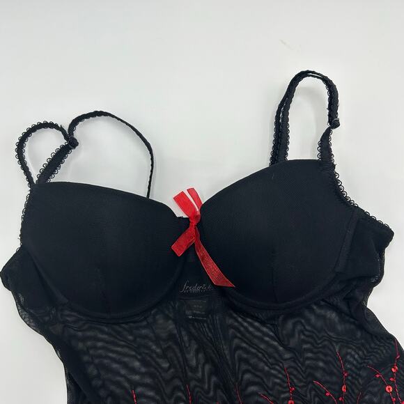 Frederick’s of Hollywood Bustier 34B Black Mesh Red Sequin Lace Trim Corset Top - Picture 7 of 8